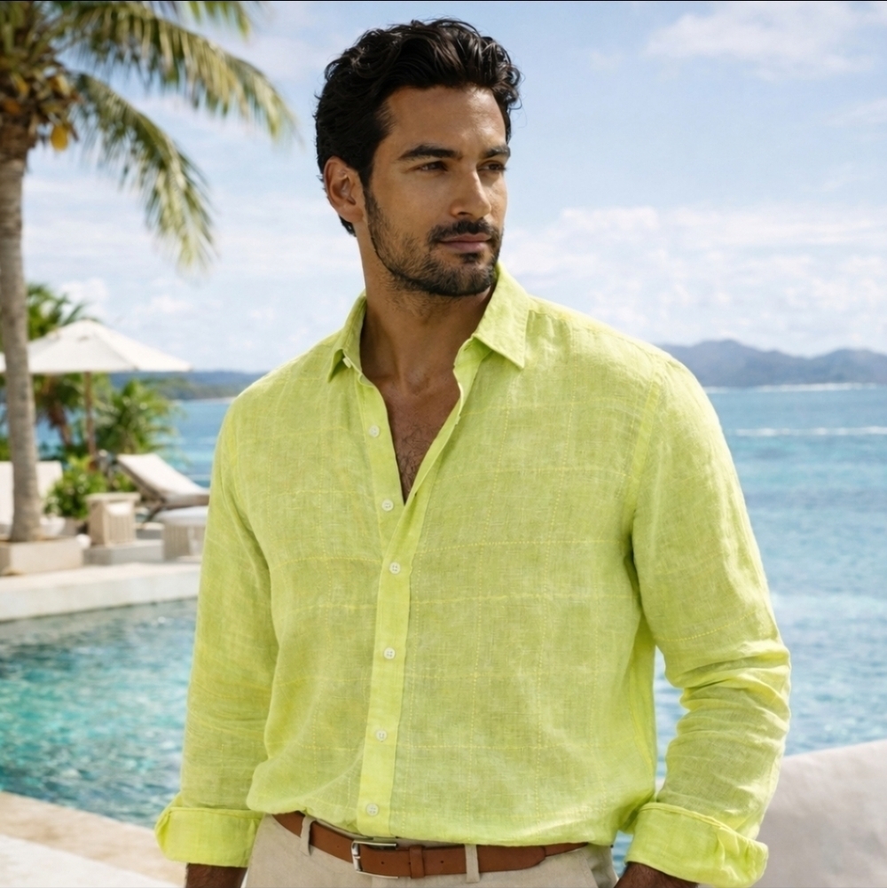Tommy Bahama Corsica Linen plaid Shirt Citron Green Large NWT